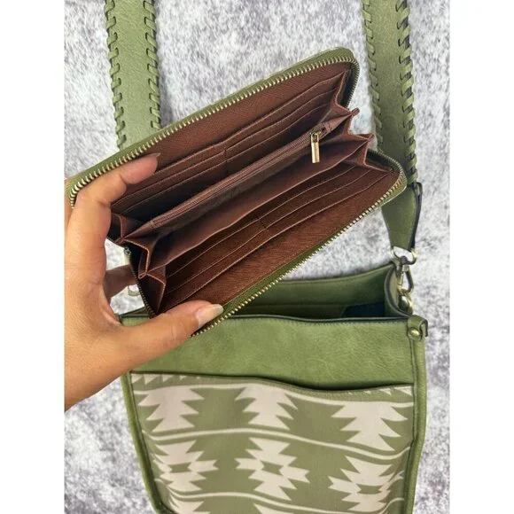 Leather Purse & Wallet Green Crossbody Tote bag Aztec Southwest Boho Tribal - Picture 12 of 16